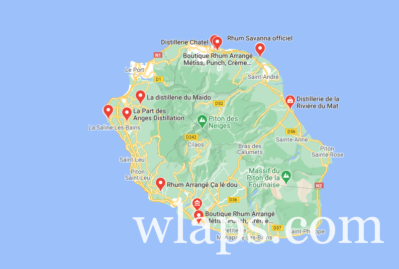 Carte des distilleries de rhum de l'ile de La Réunion
