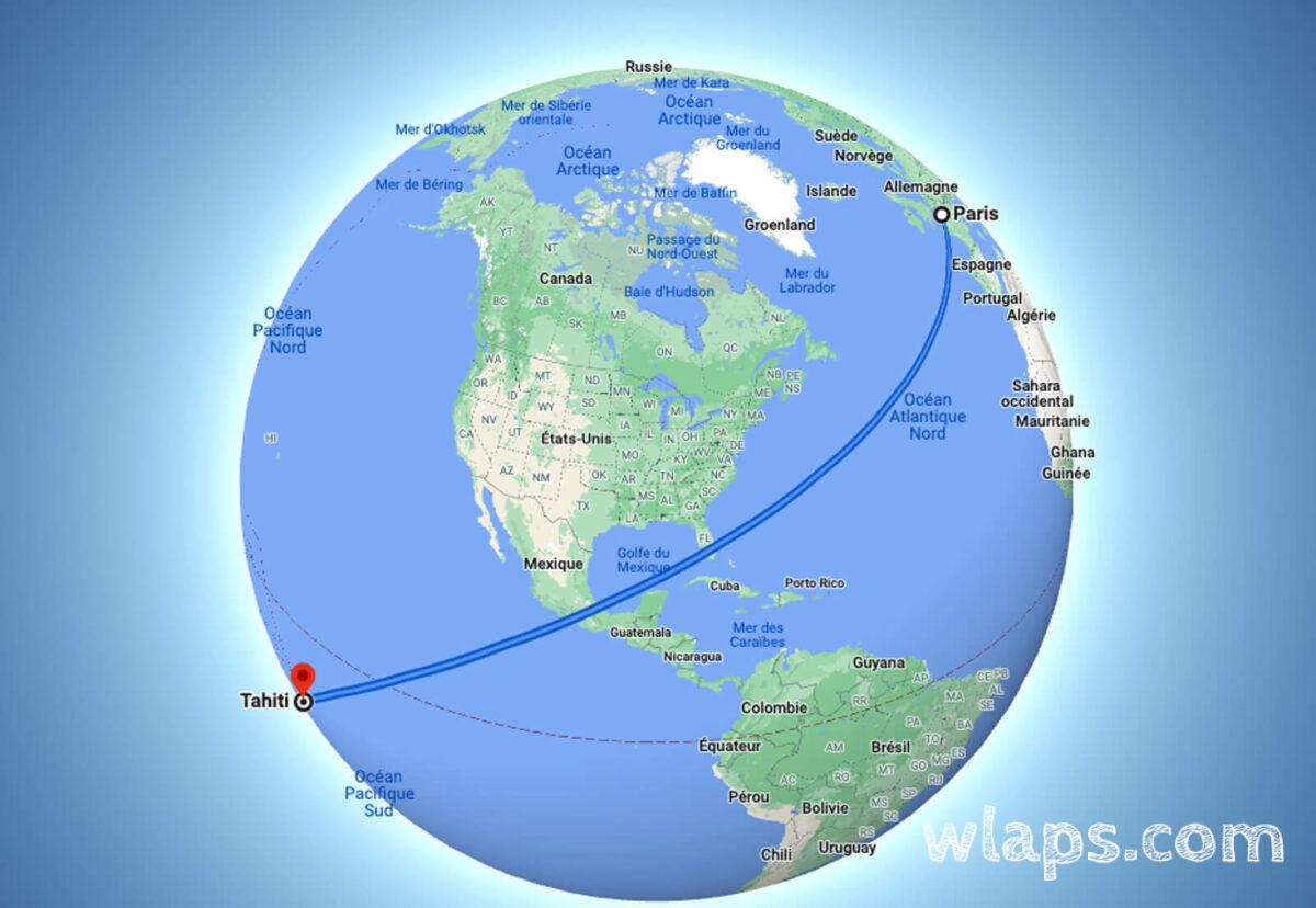 carte du monde qui représente la distance entre paris et tahiti