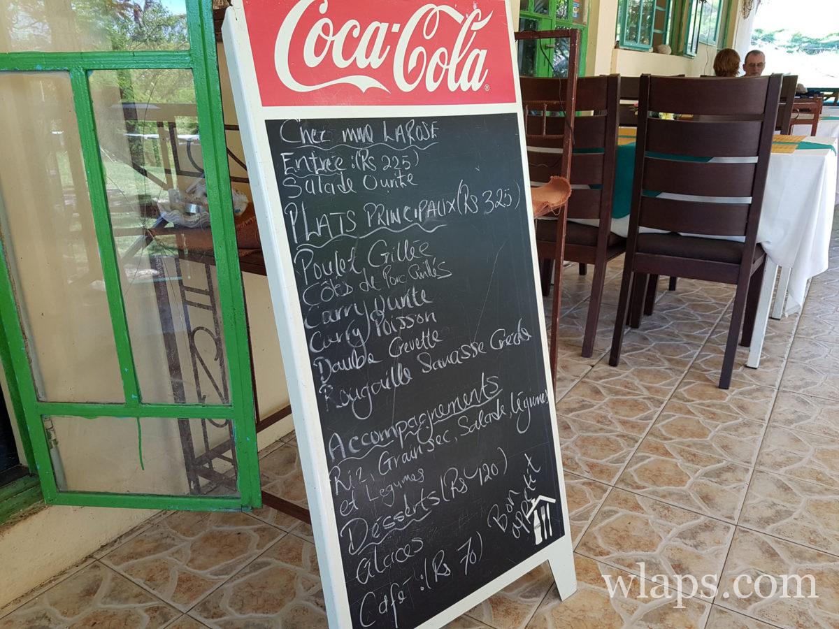 carte au Restaurant Chez Madame La Rose (Dolly) à l'île Rodrigues