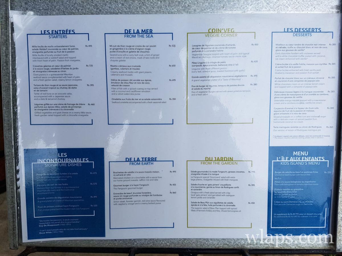 la carte au restaurant le Fangourin à Pamplemousses